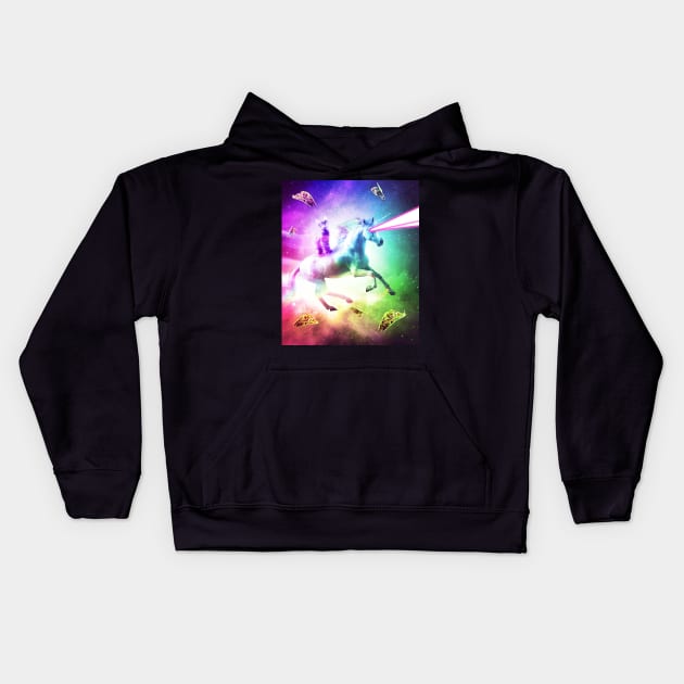 Space Cat Riding Unicorn - Laser, Tacos And Rainbow Kids Hoodie by Random Galaxy